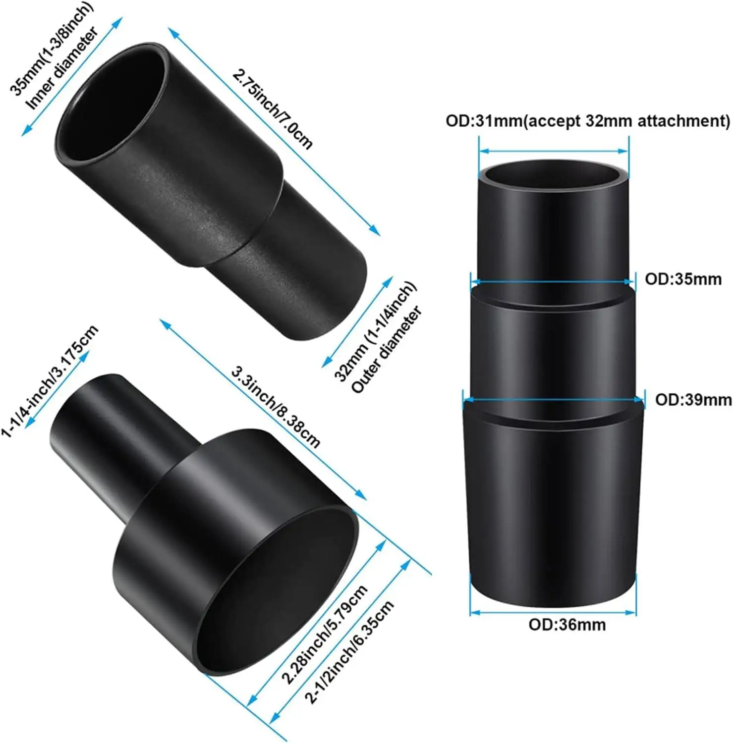 3pcs Vacuum Hose Adapters Kit Reducer Converter From 2.5/1.25inch  Household Vacuum Cleaner Adapter Tools