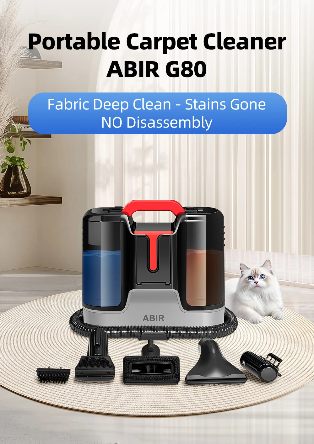 ABIR G80 Handheld Carpet Vacuum Cleaner 15Kpa Spot Cleaner Machine for Home Sofa Car Interior,Pet Bed Fabric Wet Dry Washing