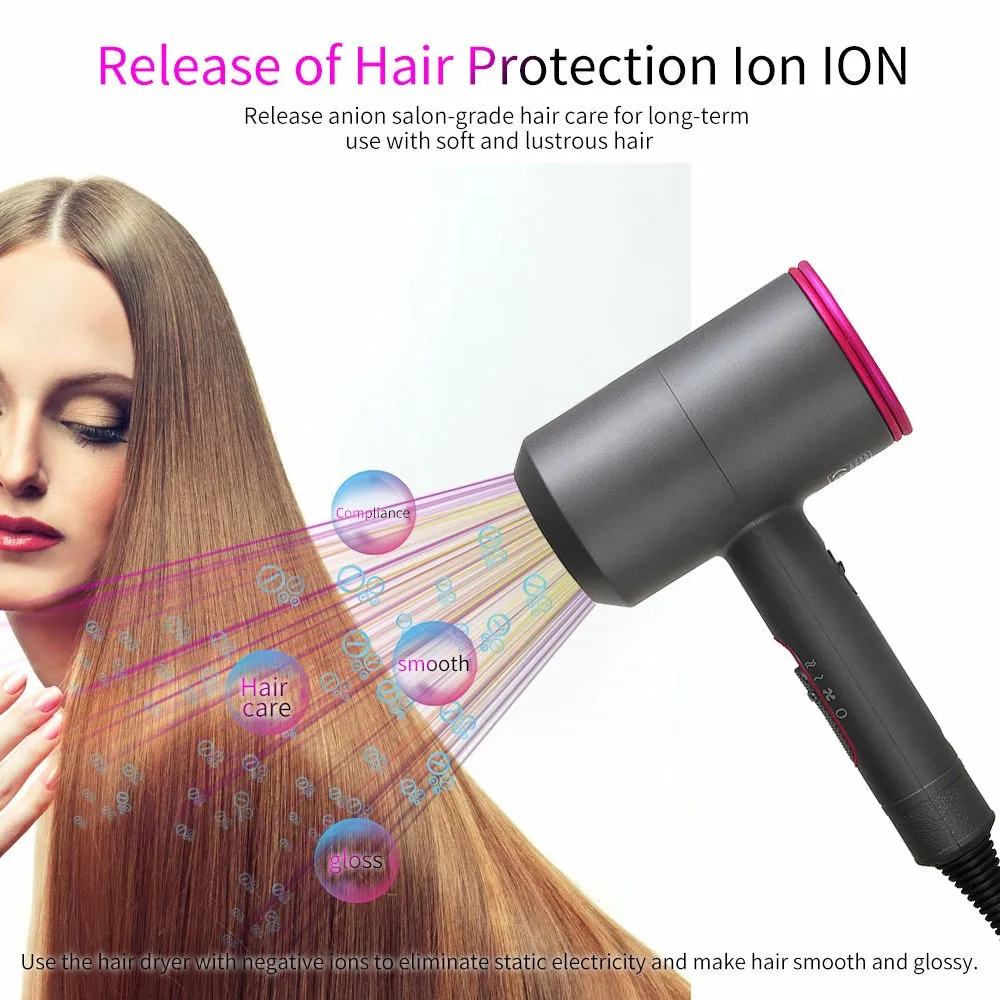 Professional Hair Dryer Strong Wind Hot Air Cold Air Ion Salon HairDryer 2000w Brush Negative Ion Blow Dryer with Diffuser