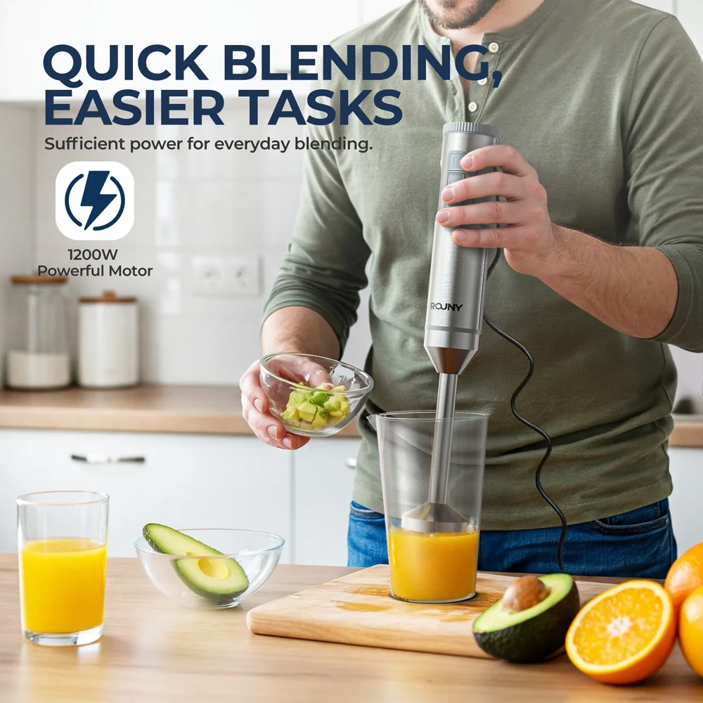 Hand Immersion Blender Powerful 4-in-1,Stainless Steel Stick Food Mixer,700ml Mixing Beaker,500ml Processor,Whisk, 1200W MAX