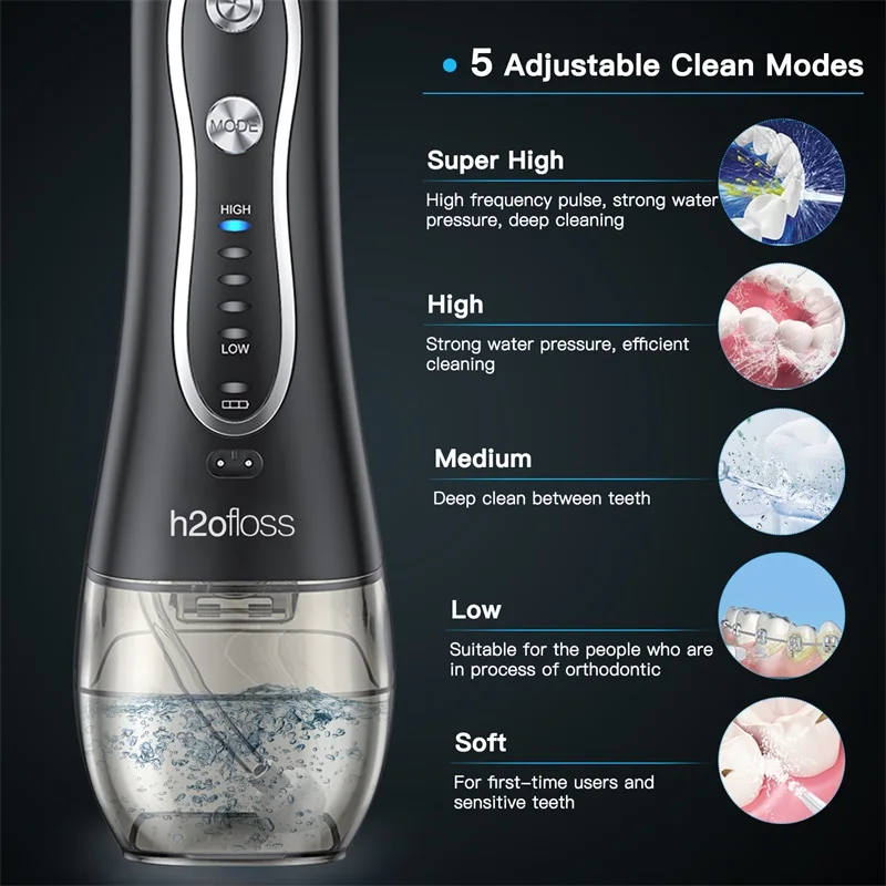 H2ofloss hf-6 dental cordless oral 5 nozzle tips irrigator portable electric water flosser for teeth cleaning health