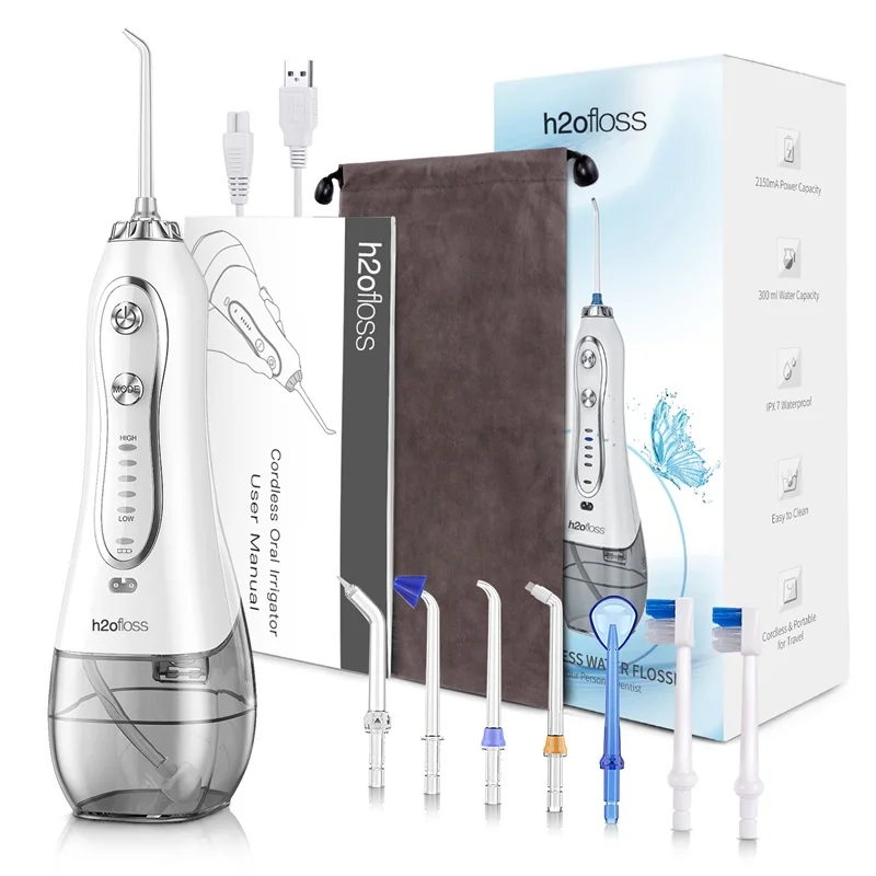 H2ofloss hf-6 dental cordless oral 5 nozzle tips irrigator portable electric water flosser for teeth cleaning health