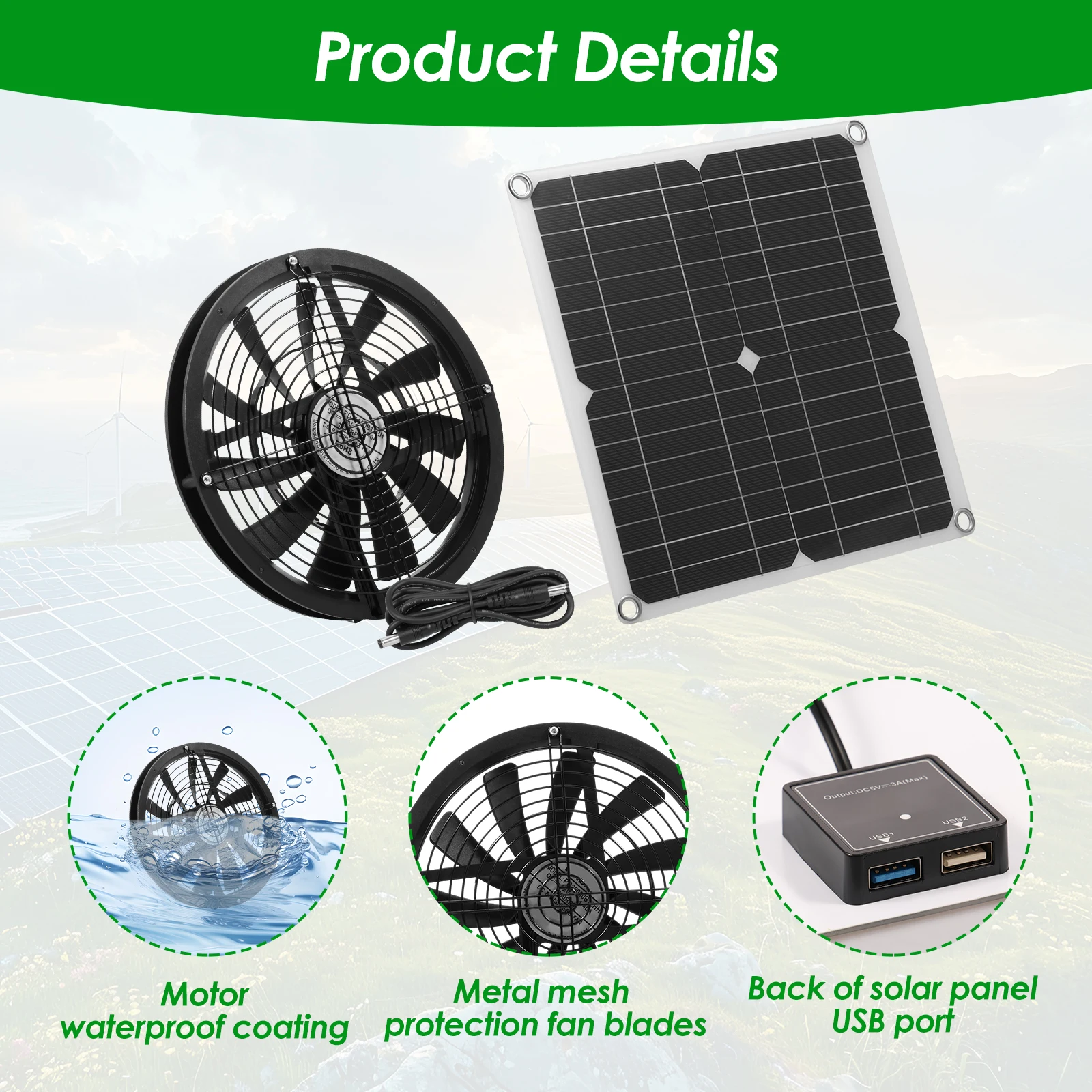 100W Exhaust Fan With Solar Panel Sets Round Ventilation Case Exhaust Fan for Outdoor Chicken Coop Greenhouse Shed Fan