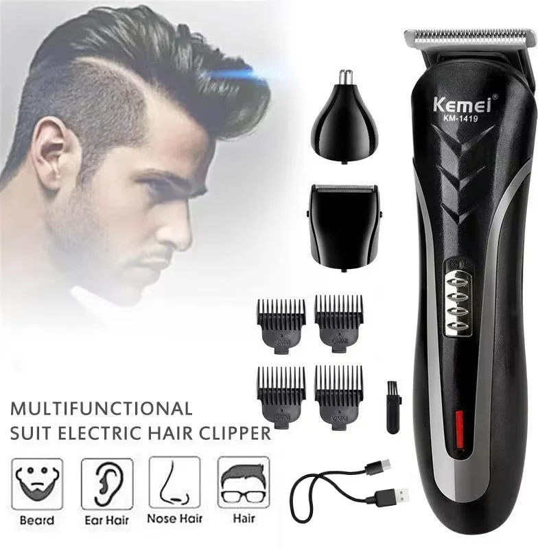 Kemei KM-1419 Rechargeable Electric Hair Clipper Men'S Household Shaver Hair Trimmer and Nose Trimmer 3 in 1 Hair Clippers Men