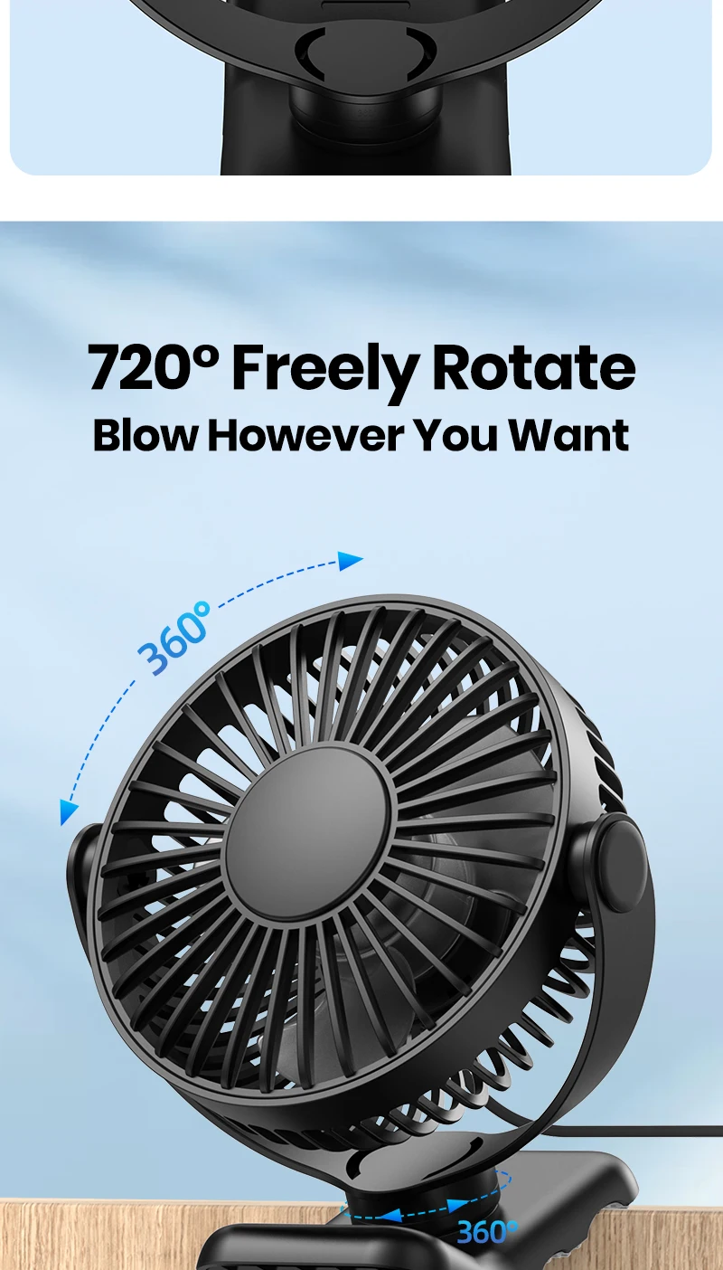 TOPK Mini Portable Clip on Fan,USB Desk Fan,3 Speeds Quiet Wind 720° Rotate Personal Electric Fan,Standing Fans for Room Home