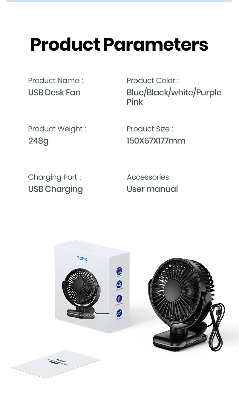 TOPK Mini Portable Clip on Fan,USB Desk Fan,3 Speeds Quiet Wind 720° Rotate Personal Electric Fan,Standing Fans for Room Home