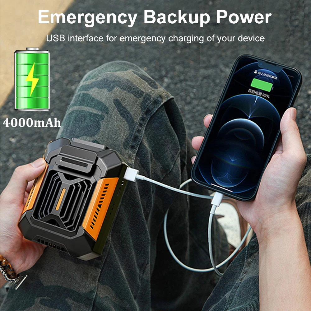 Portable Waist Fan Mini Hanging Neck Fan USB Rechargeable Fan Small Outdoor Camping Waist Clip Fan with LED Light Power Bank
