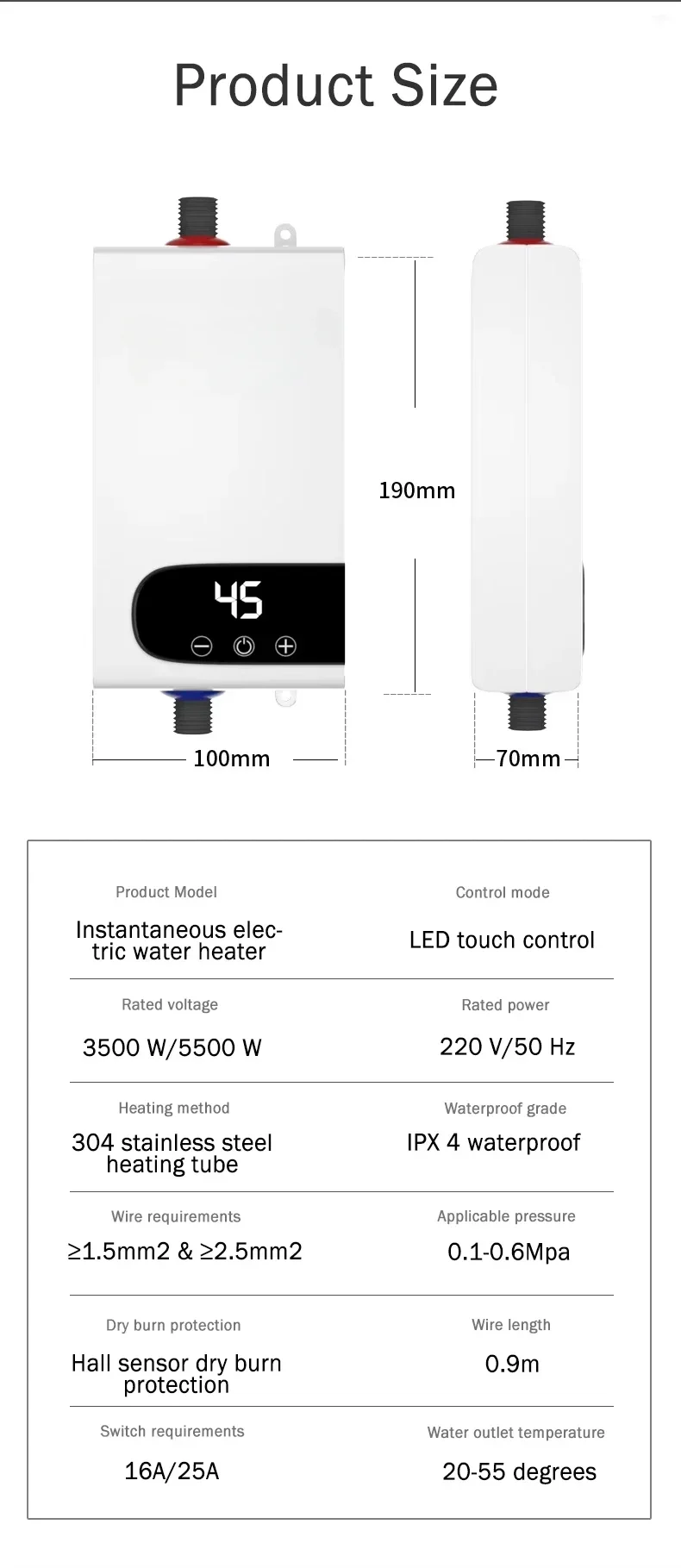 5500W Newest Water Heater Instant Water Heater Tankless Instantaneous Faucet Tap Kitchen Hot Water Crane LED Digital