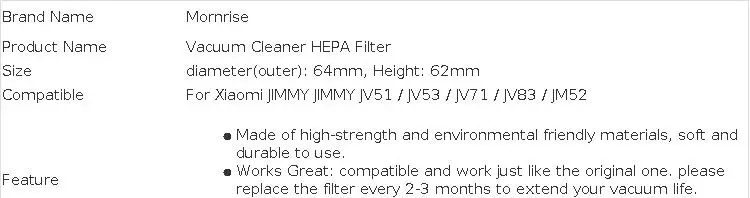 Replacement HEPA Filter For Xiaomi JIMMY JV51/JV53/JV71/JV83/JM52 Accessories Vacuum Cleaner Filters Spare Parts Consumables