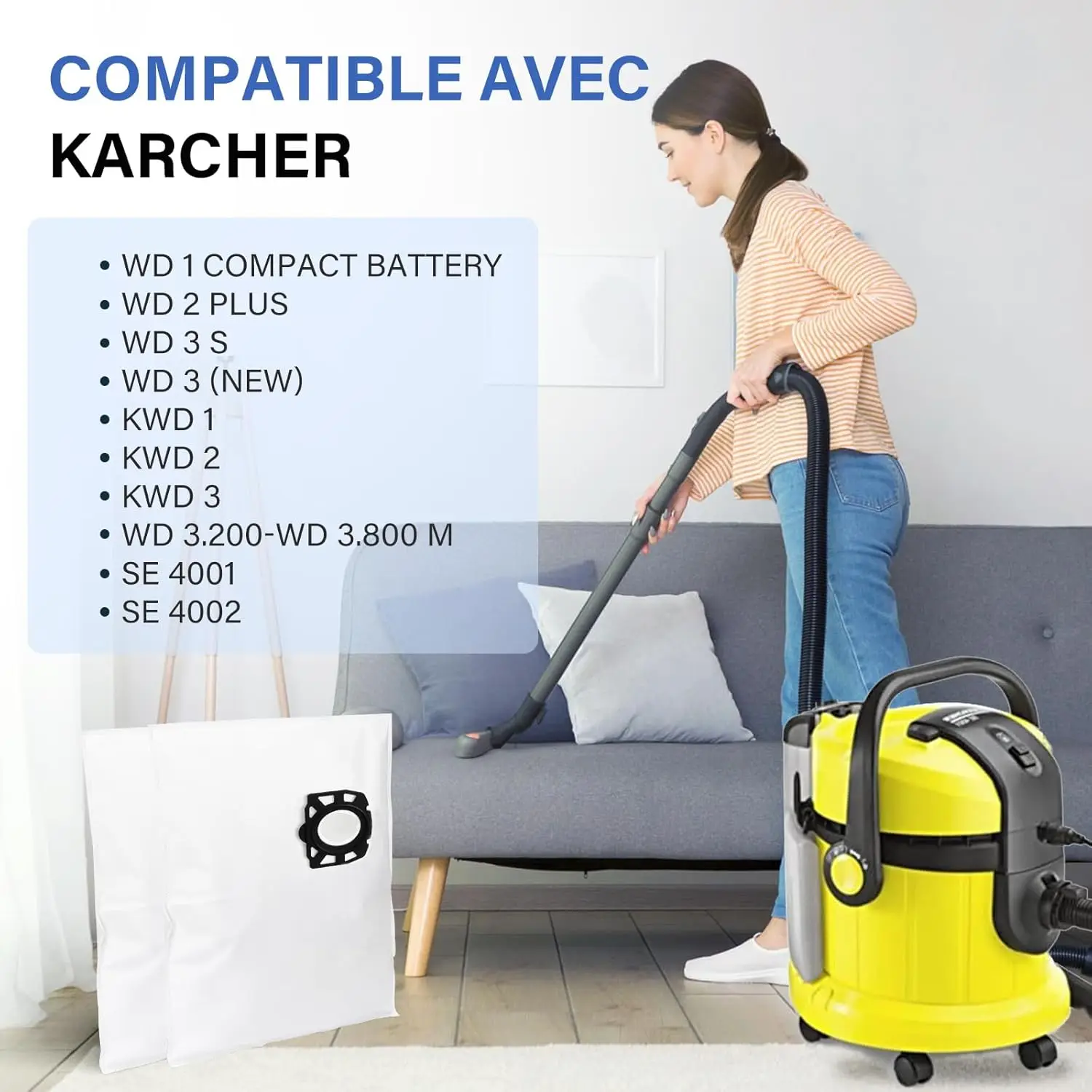Vacuum Cleaner Bags for Karcher WD2 Plus, WD 3, KWD 1, MV 3, SE 4001, SE 4002 Wet & Dry Vacuum Cleaner, KFI 357, 2.863-314.0