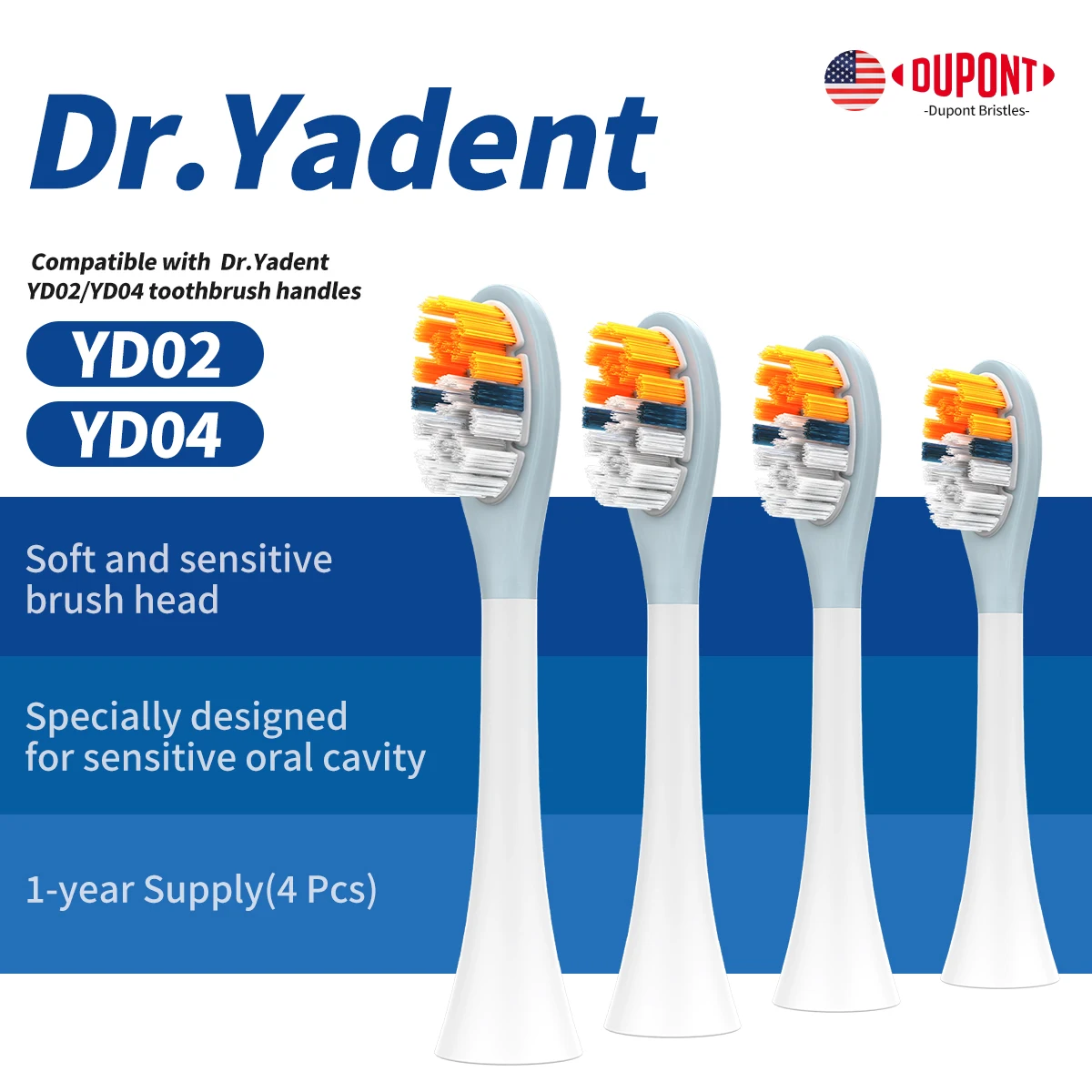 Dr.Yadent YD02/04 Replacement Brush Heads 4pcs/Pack Soft Gel Coated Designed for Sensitive Gum Care Soft Bristle 1 Year Supply