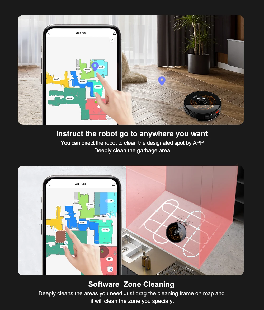 Robot Vacuum Cleaner ABIR X9,Dual UV Cleaning,6500PA Suction,Auto Carpet Boost Tech,Multiple Floors Maps,Custom Wet Dry Clean