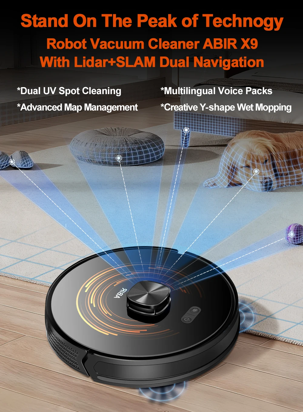 Robot Vacuum Cleaner ABIR X9,Dual UV Cleaning,6500PA Suction,Auto Carpet Boost Tech,Multiple Floors Maps,Custom Wet Dry Clean