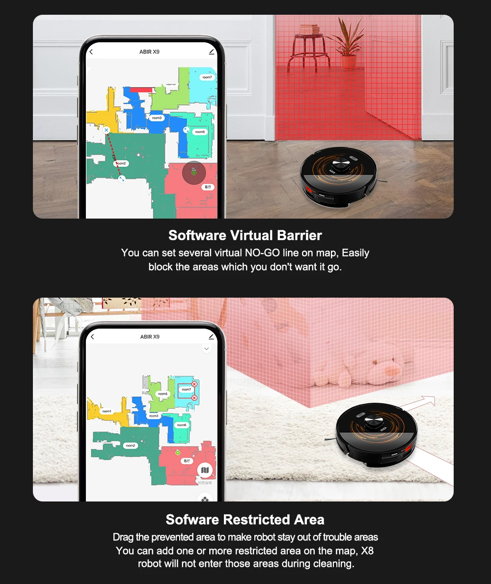 Robot Vacuum Cleaner ABIR X9,Dual UV Cleaning,6500PA Suction,Auto Carpet Boost Tech,Multiple Floors Maps,Custom Wet Dry Clean