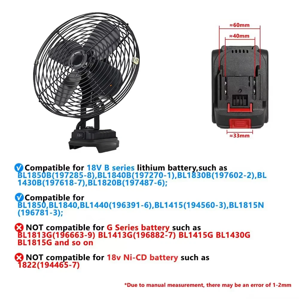 6/8In Camping Fan Outdoor Fishing Wireless Desktop Portable Metal Fan Strong Wind Fan For Makita/Dewalt/Milwaukee 18V BatteryPin