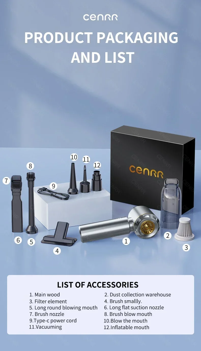 CENRR 360000PA Car Vacuum Cleaner Strong Suction Cordless Wireless Cleaner Portable  HandHeld Vacuum Cleaner Cleaning Machine