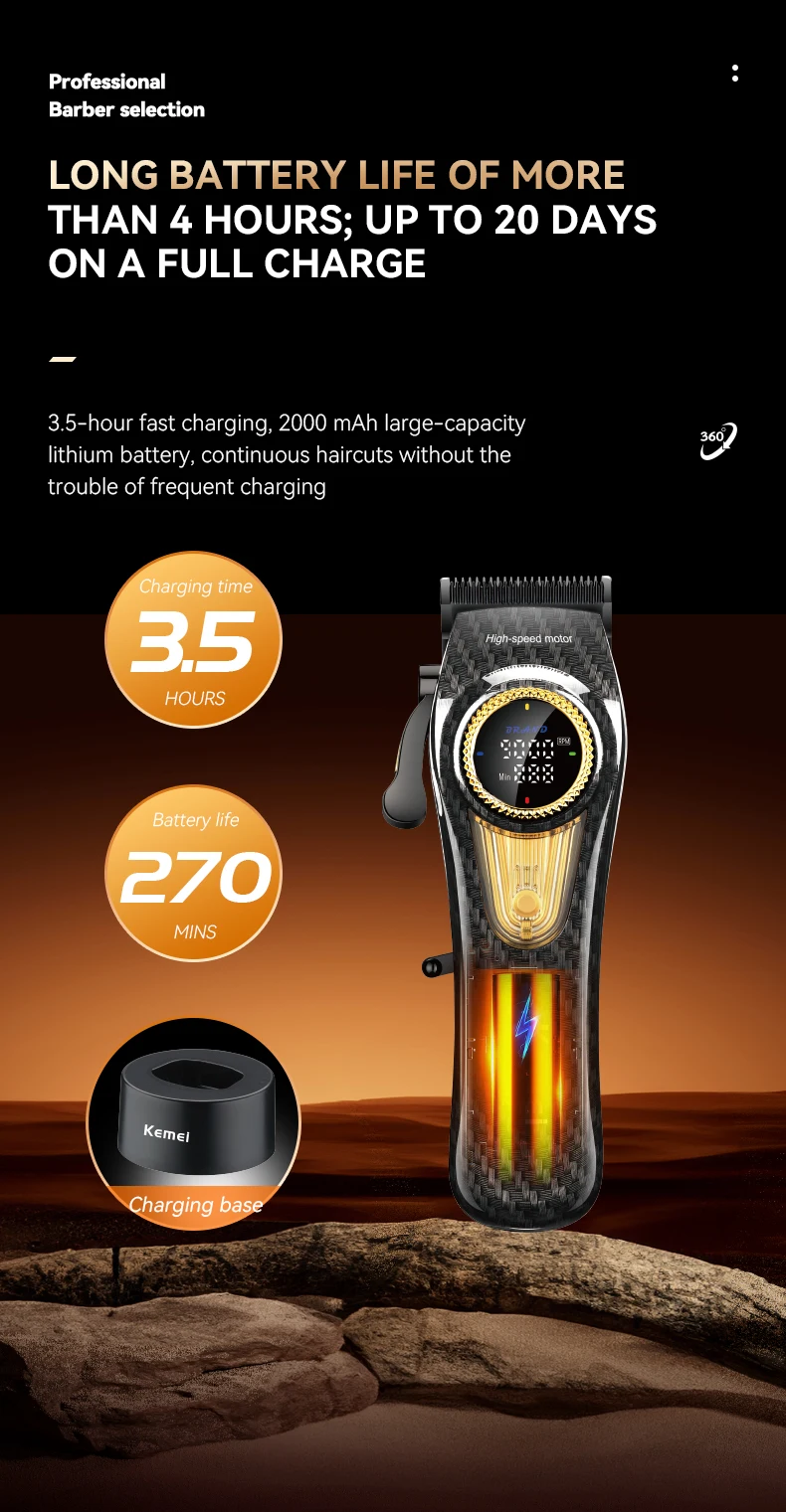 Kemei Rechargeable Hair Clippers Kit Professional DLC Blade Electric Trimmer Men Barber Cordless Shaver KM-2242 KM-2351 KM-3209
