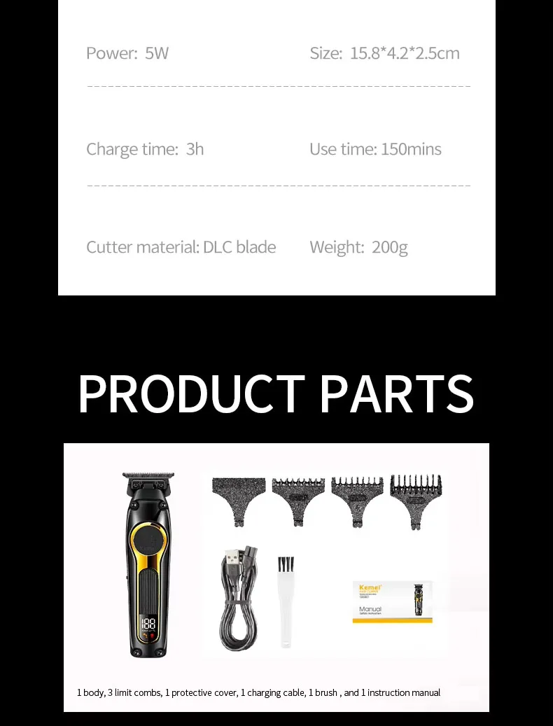 Kemei Rechargeable Hair Clippers Kit Professional DLC Blade Electric Trimmer Men Barber Cordless Shaver KM-2242 KM-2351 KM-3209