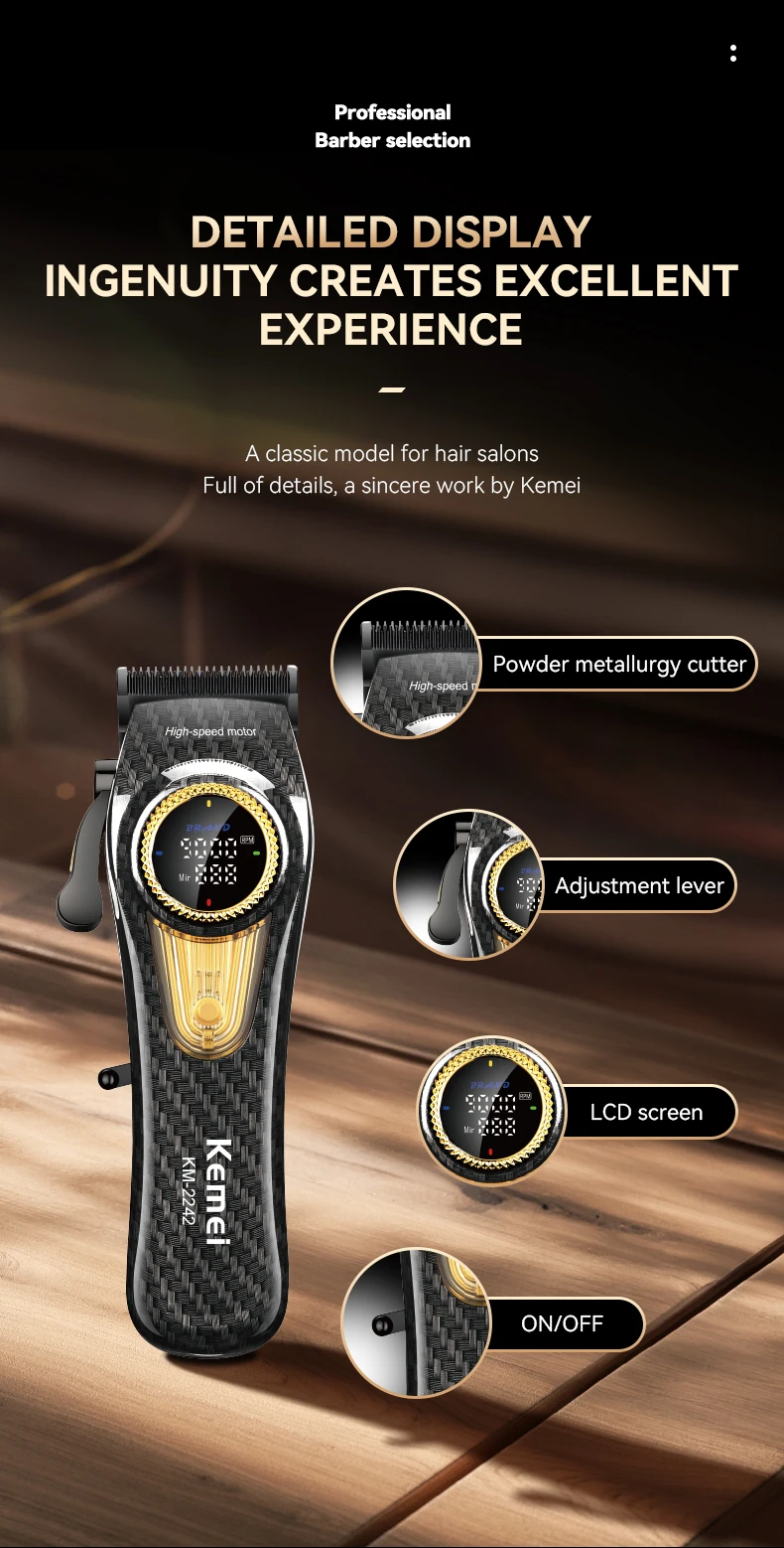 Kemei Rechargeable Hair Clippers Kit Professional DLC Blade Electric Trimmer Men Barber Cordless Shaver KM-2242 KM-2351 KM-3209