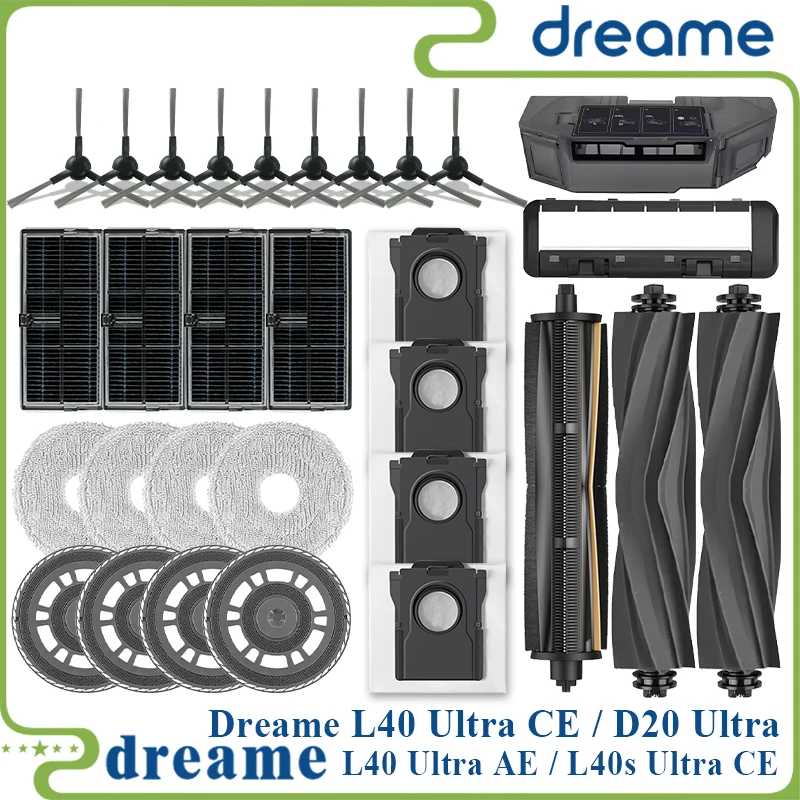 Dreame L40 Ultra AE / L40 Ultra CE / L10s Ultra CE / D20 Ultra Parts, Main Brush, Edge Brush, Cloth, Dust Bag, Filter Screen