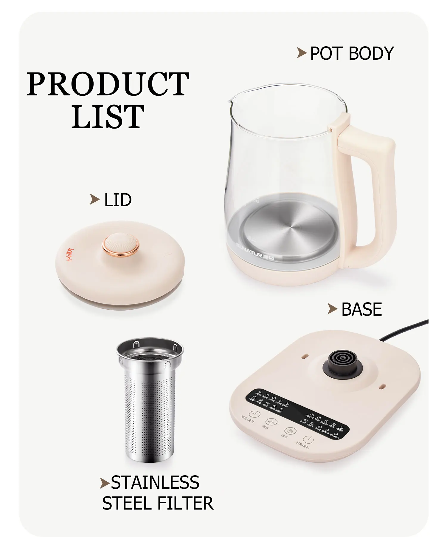 SUNATUR Kettles Electric Glass 220V Multifunction Health Pot Milk Fruit Tea Coffee Water 800W 24-hour Heat Preservation