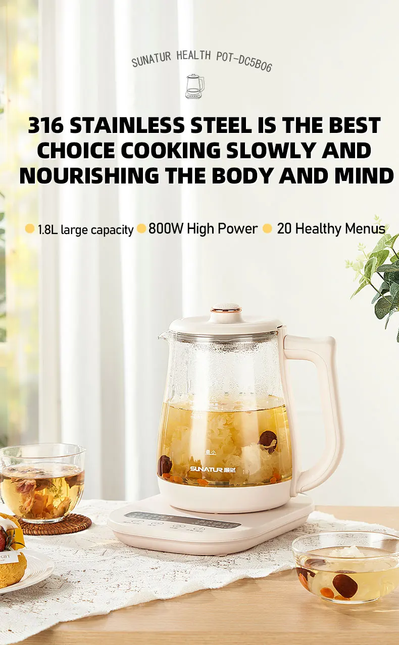 SUNATUR Kettles Electric Glass 220V Multifunction Health Pot Milk Fruit Tea Coffee Water 800W 24-hour Heat Preservation