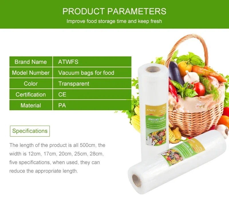 Vacuum Bag Packaging Food Vacuum Sealer Bags for Food Storage Keep Products Fresh Bag 12/17/20/25/28cm*500cm 1 Roll
