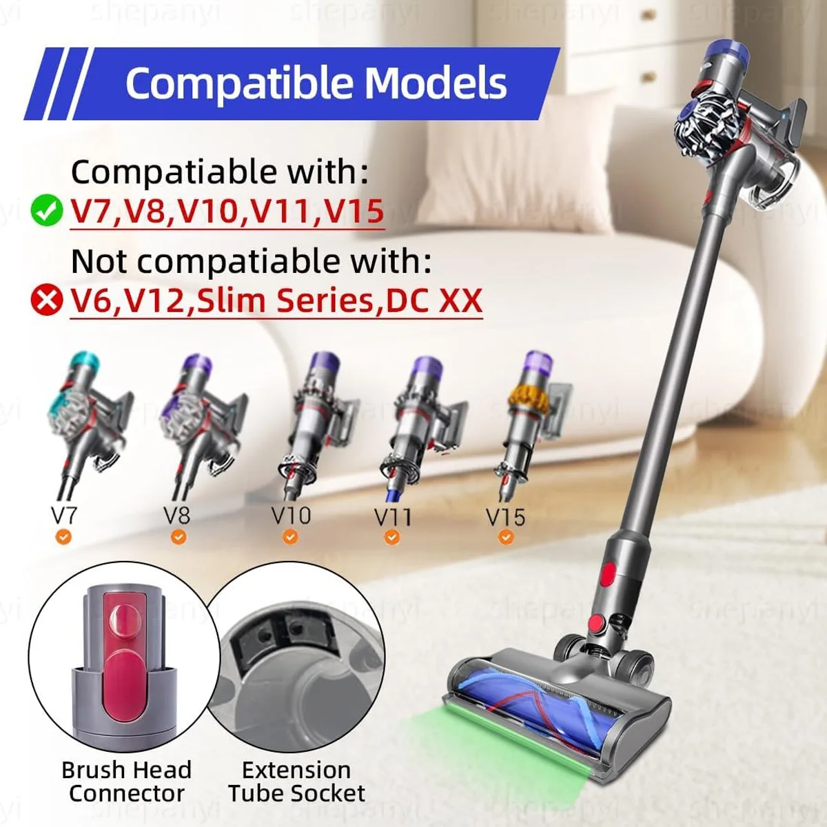 LED Electric Brush for Dyson V7/V8/V10/V11/V15 Vacuum Cleaners, Dust Detection Brush, for Hard Floors, Carpets and Other Floors