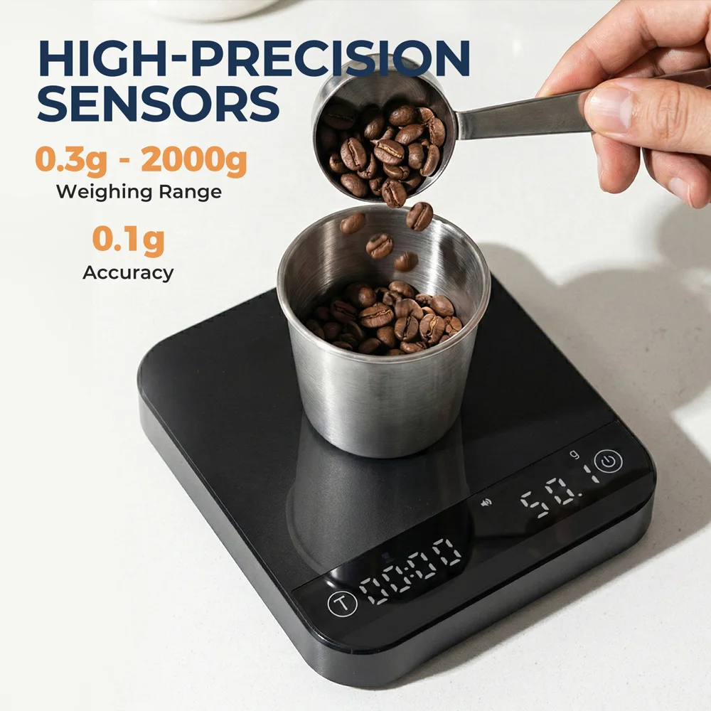 Portable Coffee Scale 0.1g Precision 0.3g-2000g, Flow Rate & Ratio Modes, 7H Battery Type-C, Tempered Glass, White & Black