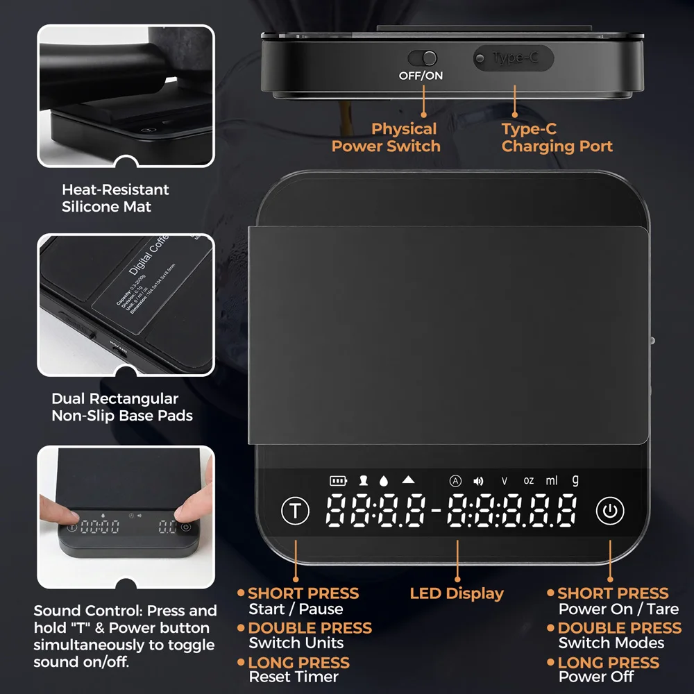 Portable Coffee Scale 0.1g Precision 0.3g-2000g, Flow Rate & Ratio Modes, 7H Battery Type-C, Tempered Glass, White & Black