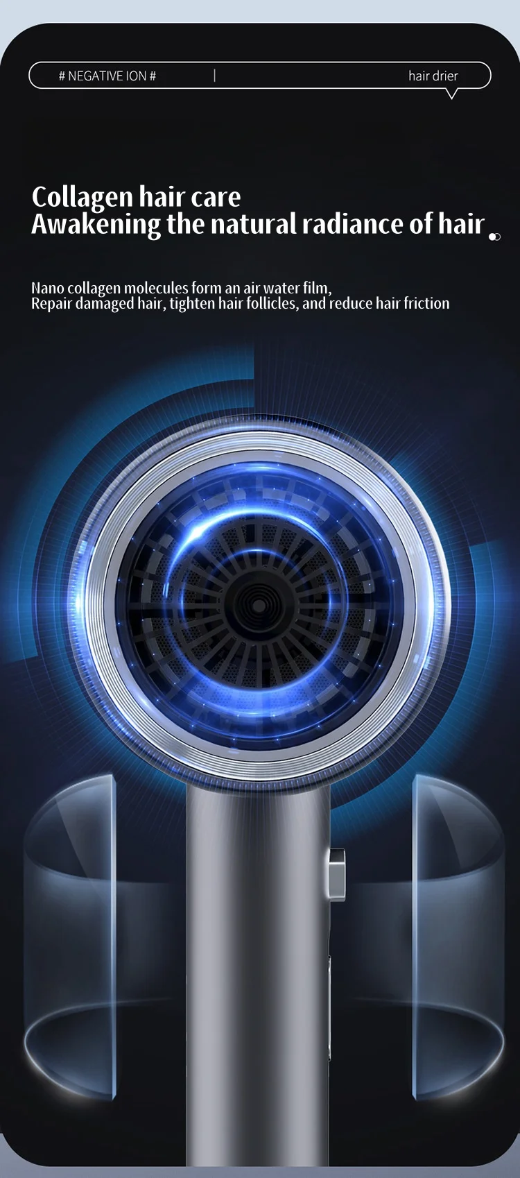 110000 Rpm High-Speed Hair Dryer 3d Blue Negative Ion Light Hair Care Silent Home Hair Salon Diffuser Hair Dryer 220V