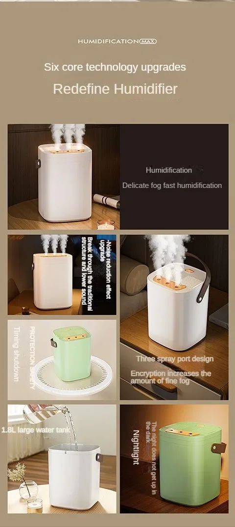TINSOL 1.8L Three-Hole Spray Humidifier with Dual Filter USB Large Capacity Home/Dormitory/Bedroom/Office Night Light Humidifier