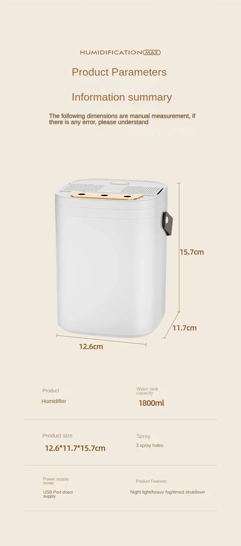 TINSOL 1.8L Three-Hole Spray Humidifier with Dual Filter USB Large Capacity Home/Dormitory/Bedroom/Office Night Light Humidifier