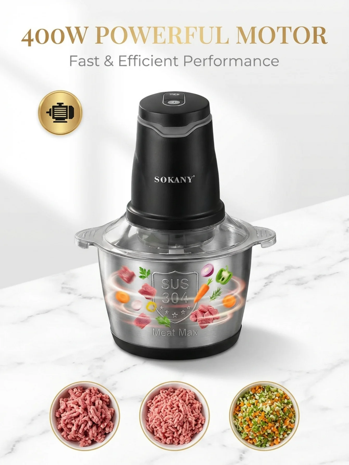 SOKANY7020 400W Electric Meat Grinder 2L 304 Stainless Steel Food Chopper 2‑Speed 4‑Blade Food Processor for Kitchen