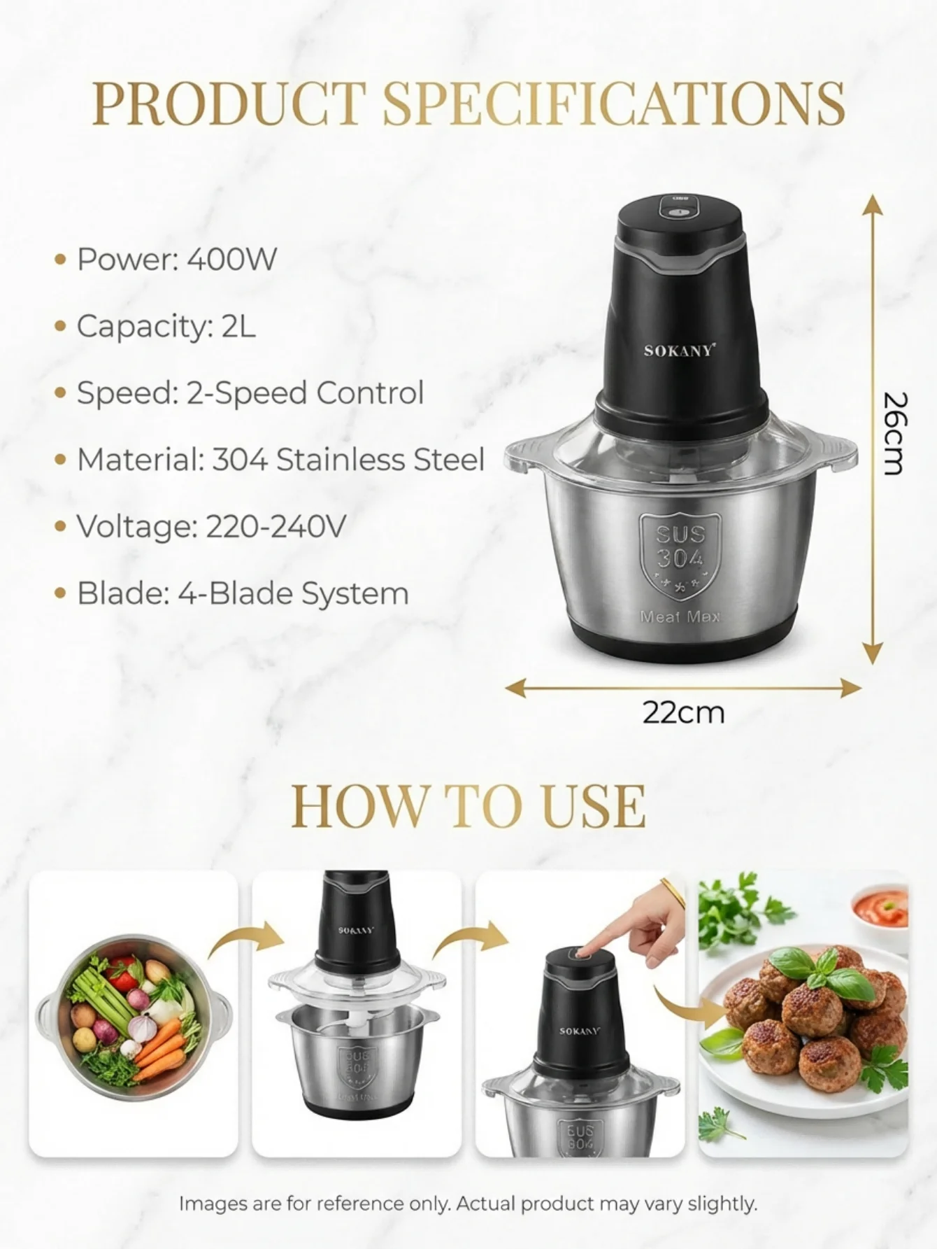 SOKANY7020 400W Electric Meat Grinder 2L 304 Stainless Steel Food Chopper 2‑Speed 4‑Blade Food Processor for Kitchen