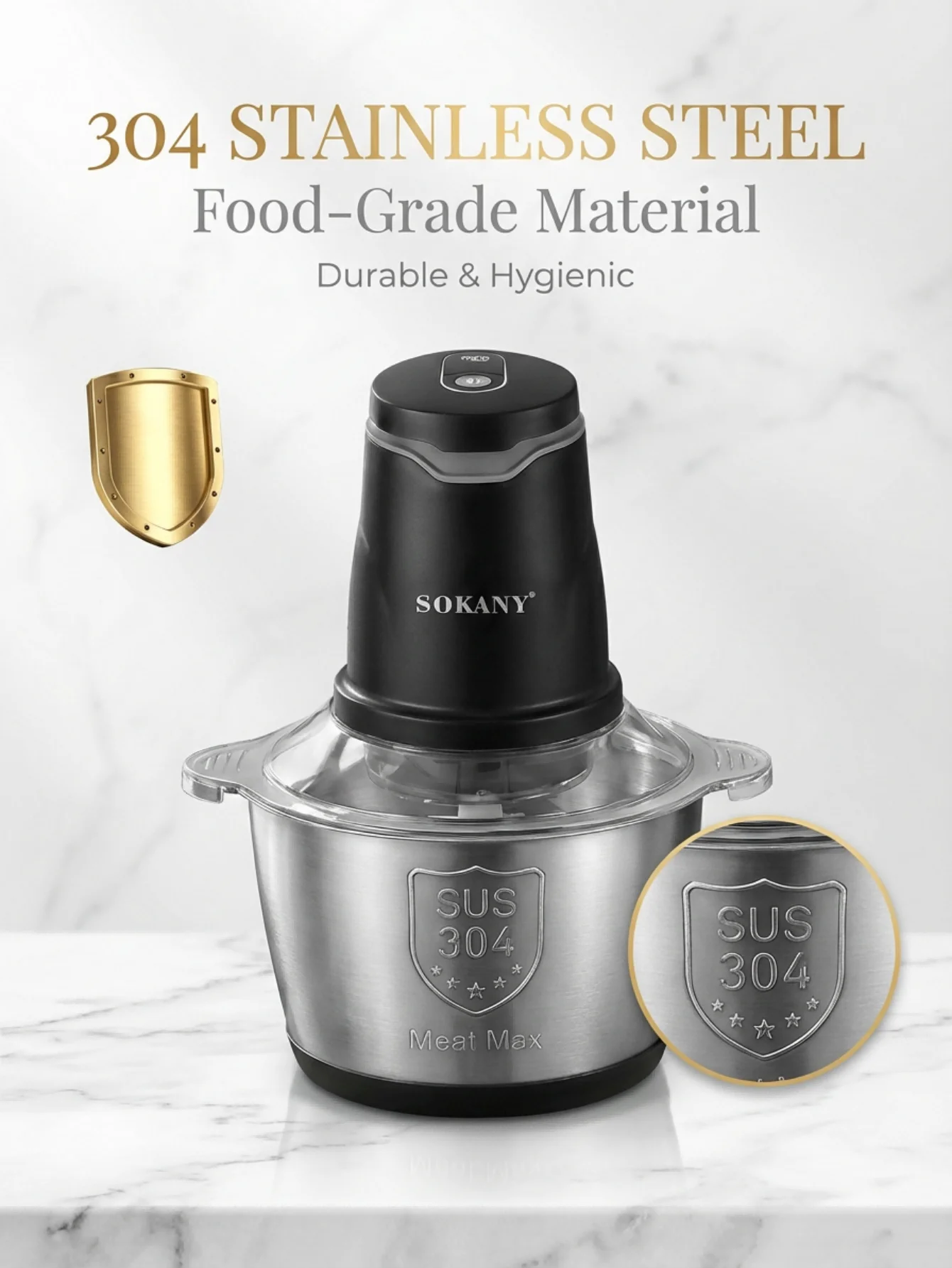 SOKANY7020 400W Electric Meat Grinder 2L 304 Stainless Steel Food Chopper 2‑Speed 4‑Blade Food Processor for Kitchen
