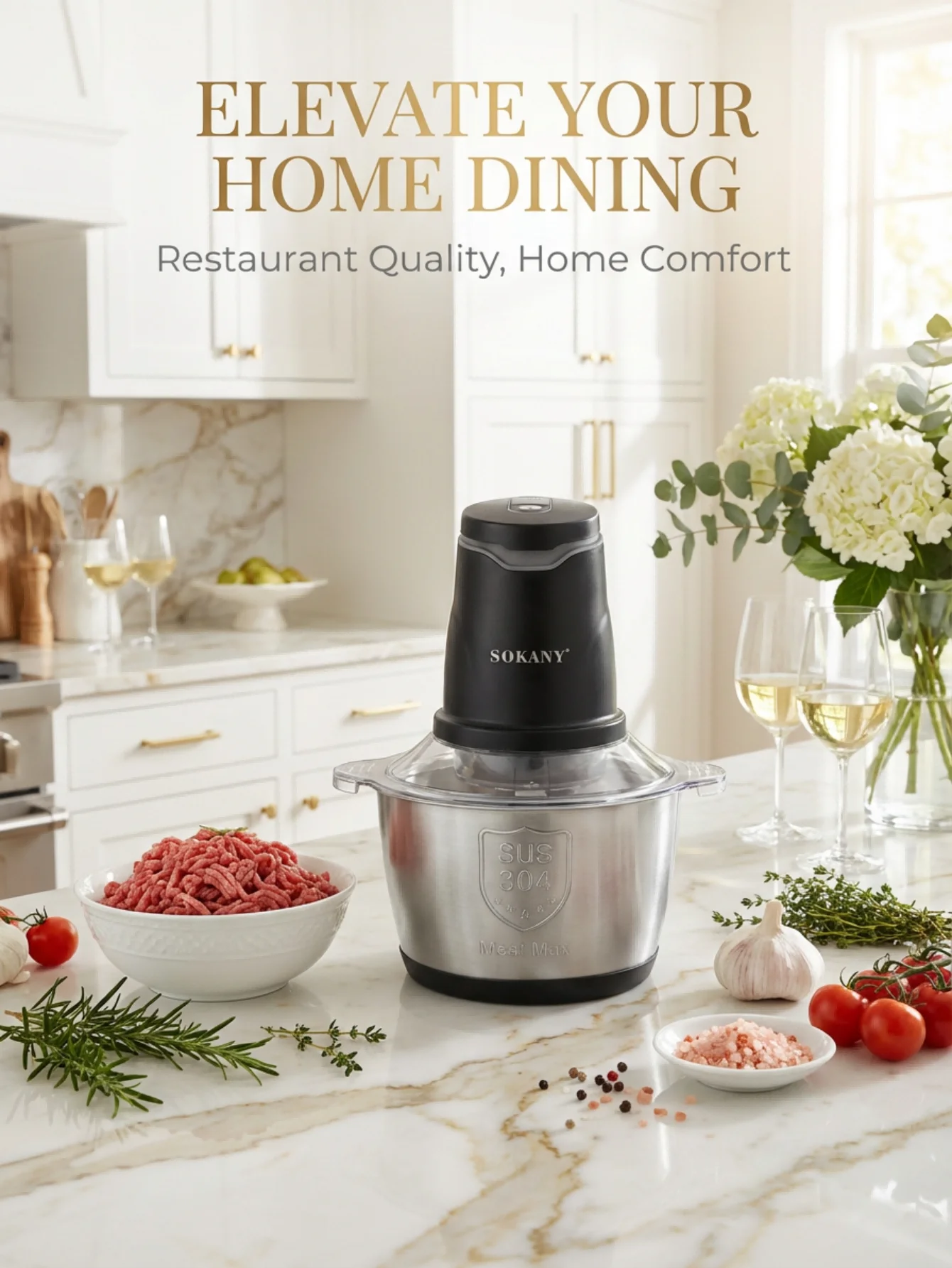 SOKANY7020 400W Electric Meat Grinder 2L 304 Stainless Steel Food Chopper 2‑Speed 4‑Blade Food Processor for Kitchen