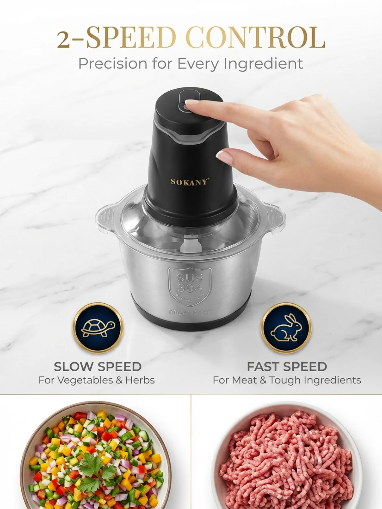 SOKANY7020 400W Electric Meat Grinder 2L 304 Stainless Steel Food Chopper 2‑Speed 4‑Blade Food Processor for Kitchen