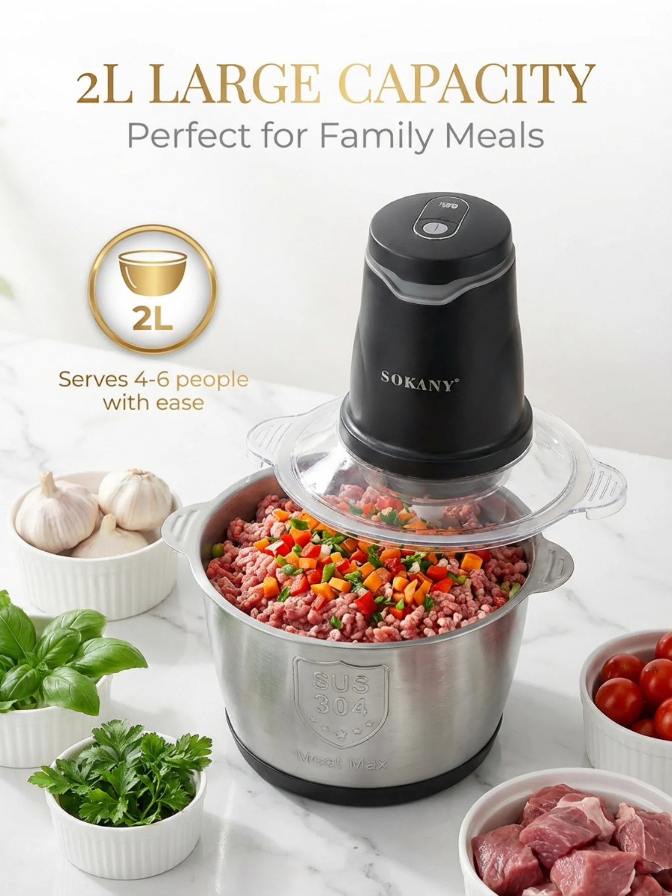 SOKANY7020 400W Electric Meat Grinder 2L 304 Stainless Steel Food Chopper 2‑Speed 4‑Blade Food Processor for Kitchen