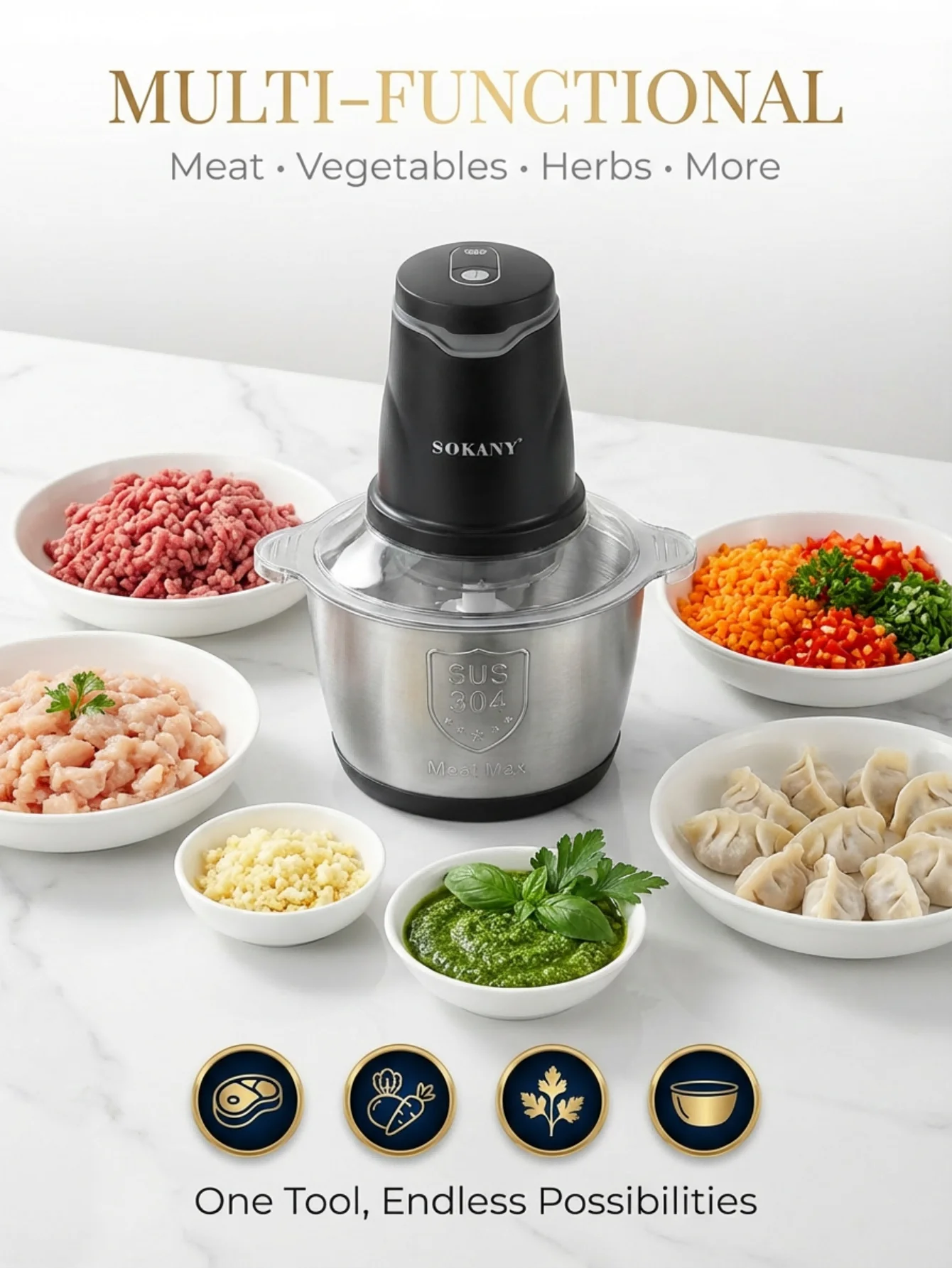 SOKANY7020 400W Electric Meat Grinder 2L 304 Stainless Steel Food Chopper 2‑Speed 4‑Blade Food Processor for Kitchen