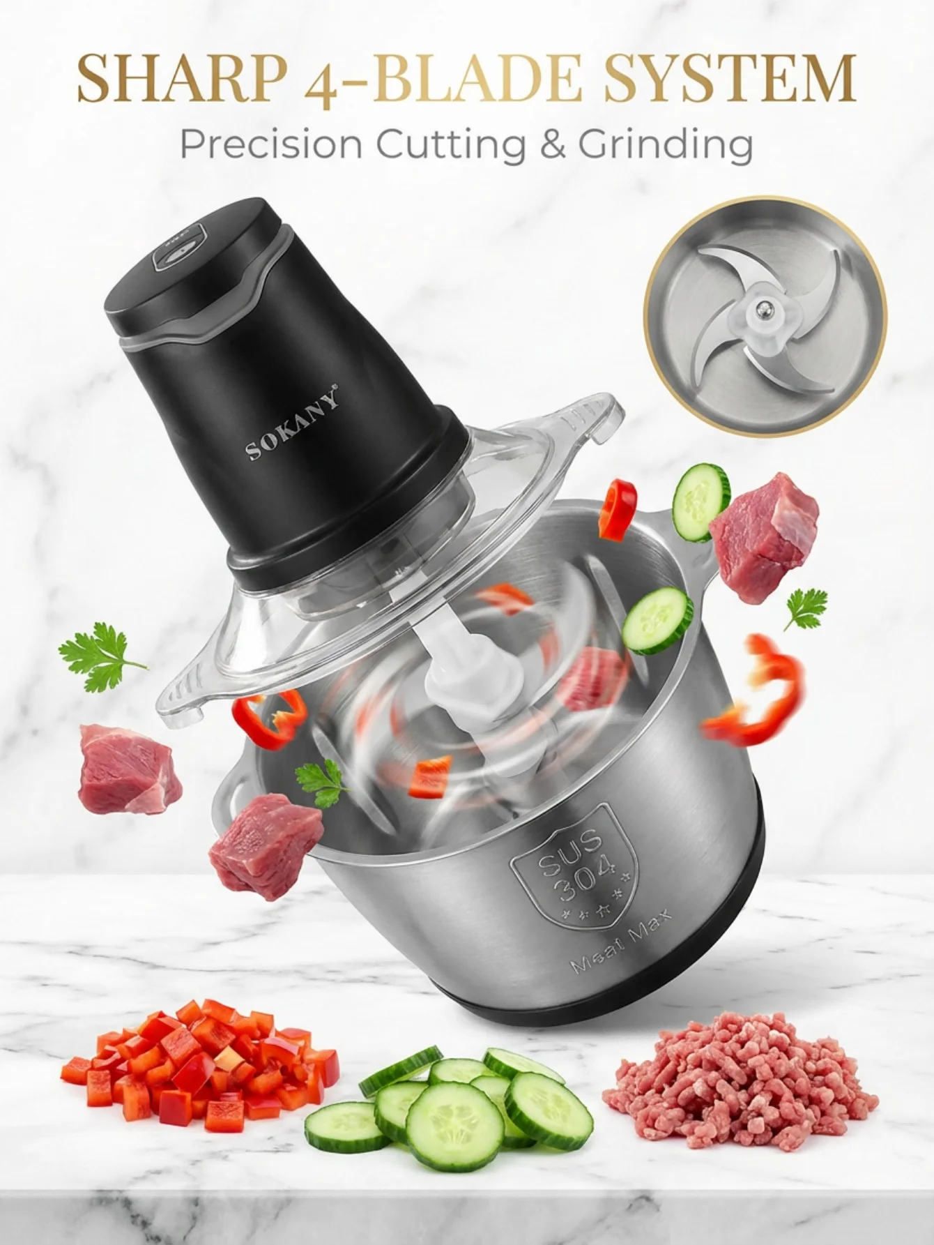 SOKANY7020 400W Electric Meat Grinder 2L 304 Stainless Steel Food Chopper 2‑Speed 4‑Blade Food Processor for Kitchen
