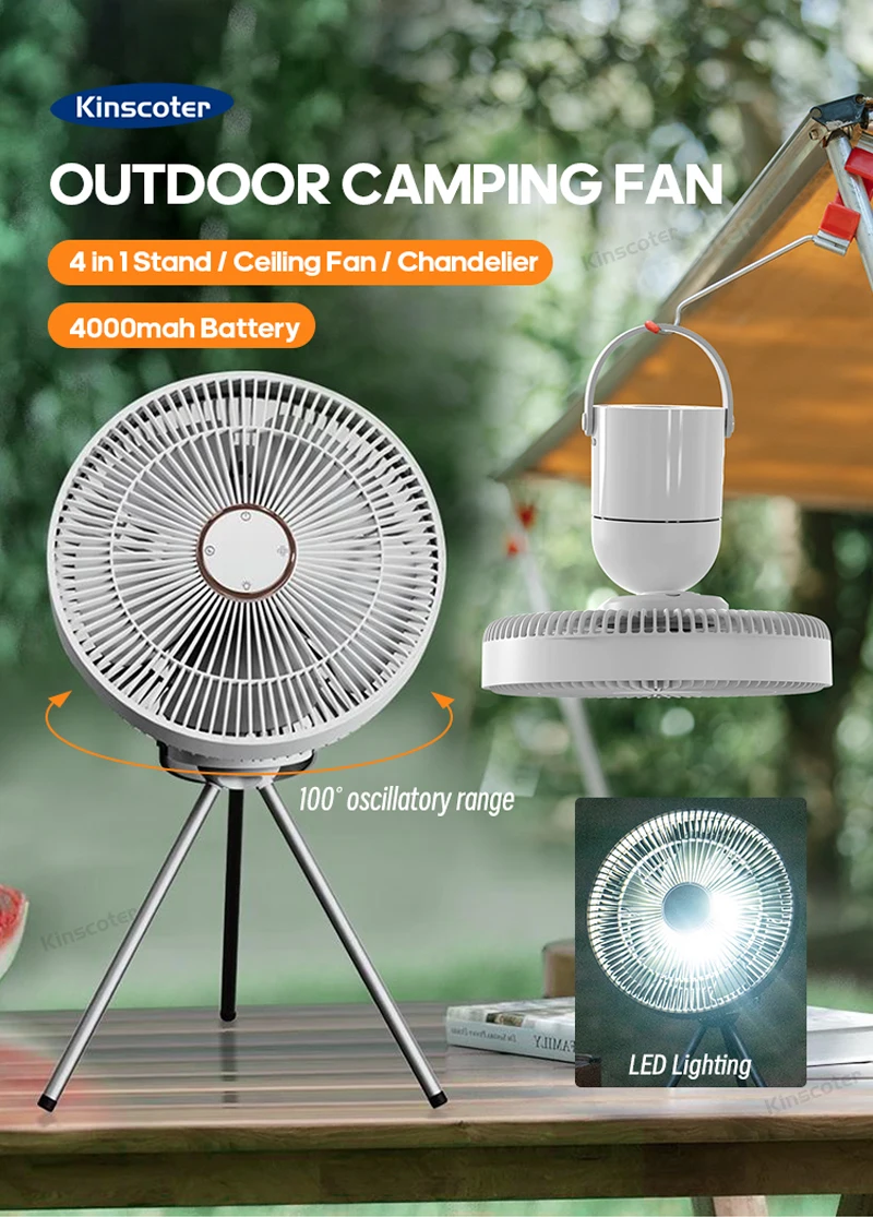 Electric Oscillating Fan Rechargeable Desktop Circulator Wireless Ceiling Camping Tent Fan with Remote Control LED Lighting