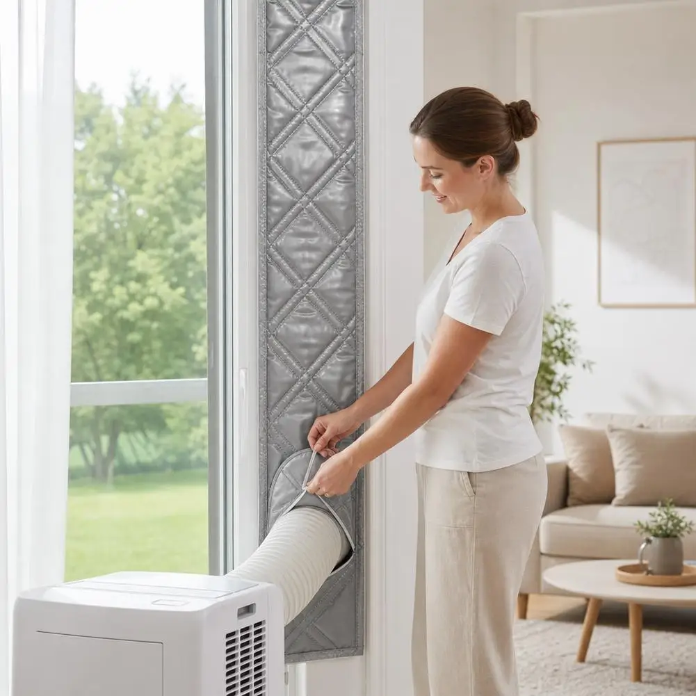 Portable Air Conditioner Window Seal Cloth, Insulated Window Vent Kit with Drawstring Hole for Portable AC Exhaust Hose, Heat In