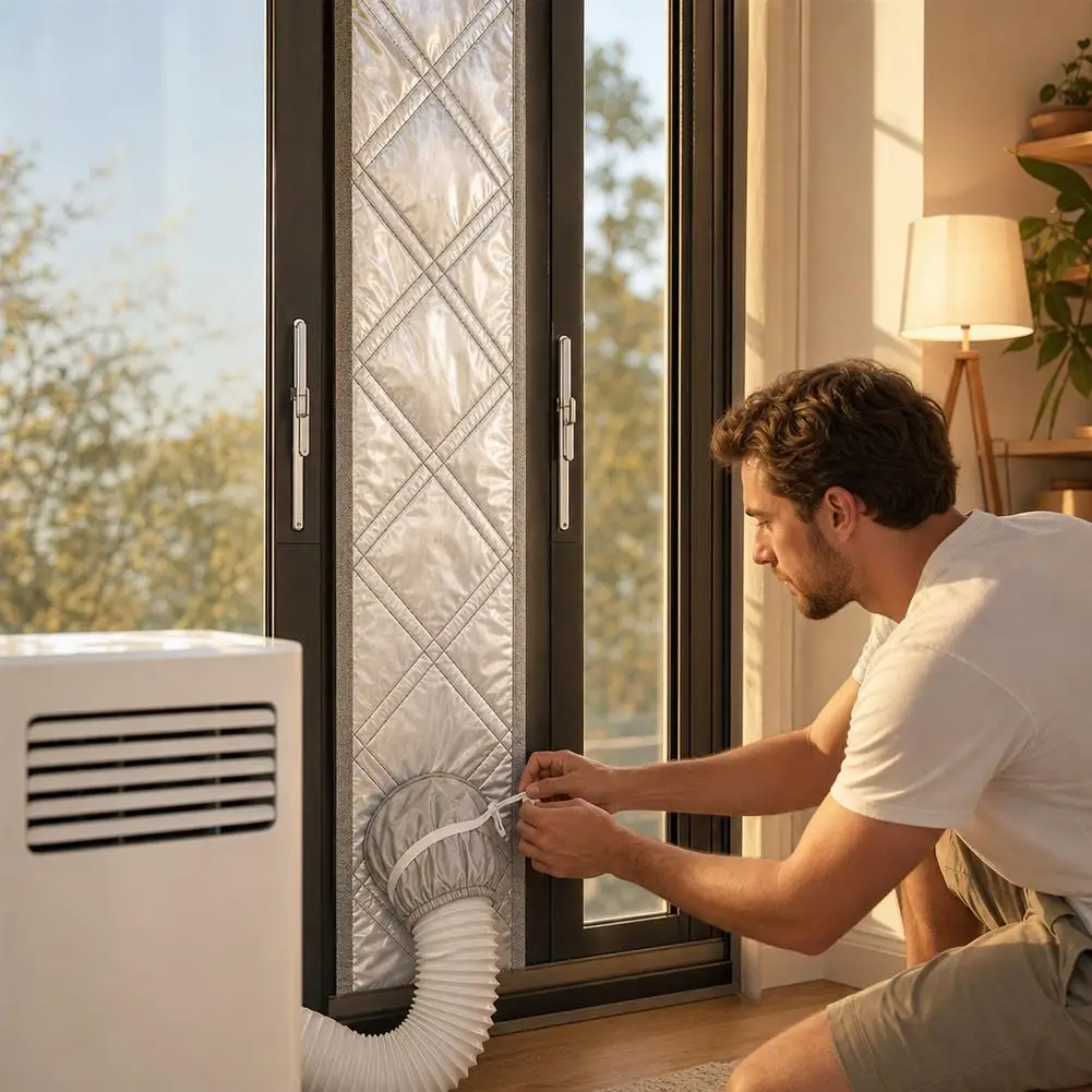 Portable Air Conditioner Window Seal Cloth, Insulated Window Vent Kit with Drawstring Hole for Portable AC Exhaust Hose, Heat In