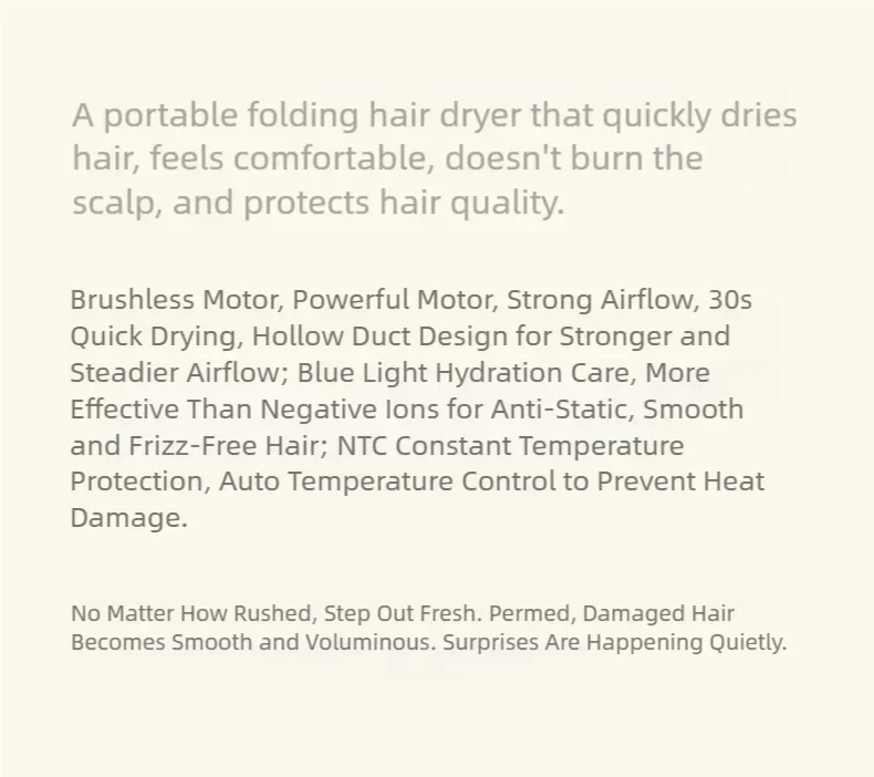 TINSOL Professional Negative Ion Hair Dryer, Constant Temperature Hair Care, Quick Drying, Convenient Foldable Hair Dryer