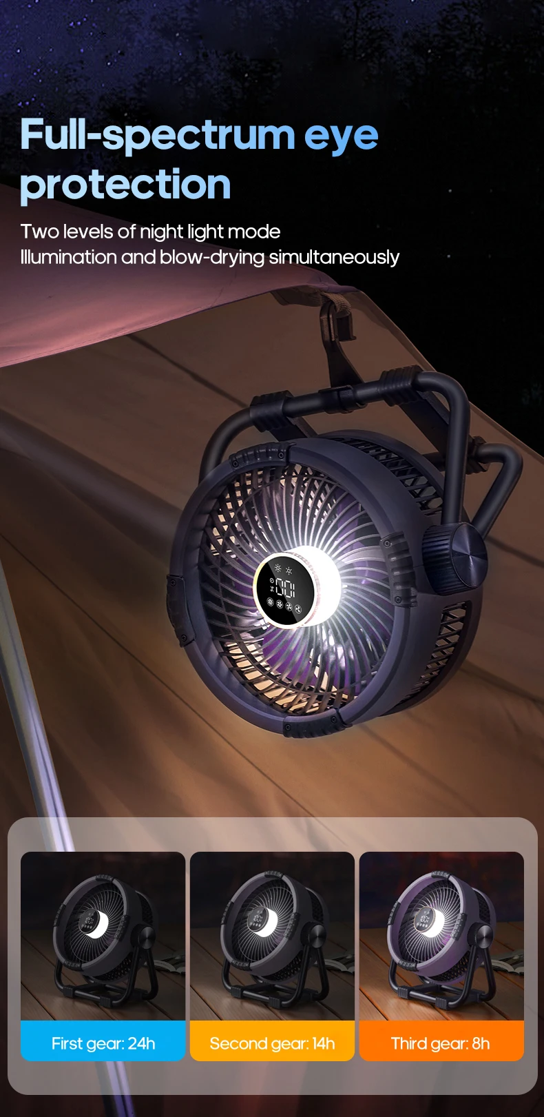 New 6 in 1 Outdoor Camping Fan 20000mAh Rechargeable Portable Wireless Tent Ceiling Fan 4 Speed Adjustment with Hook & LED Light