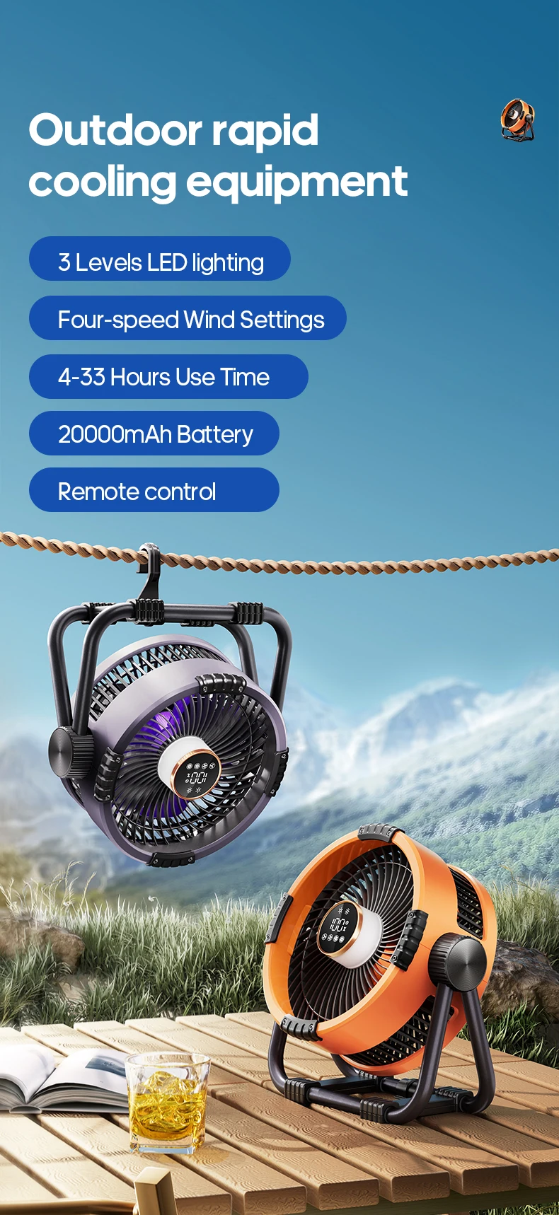 New 6 in 1 Outdoor Camping Fan 20000mAh Rechargeable Portable Wireless Tent Ceiling Fan 4 Speed Adjustment with Hook & LED Light