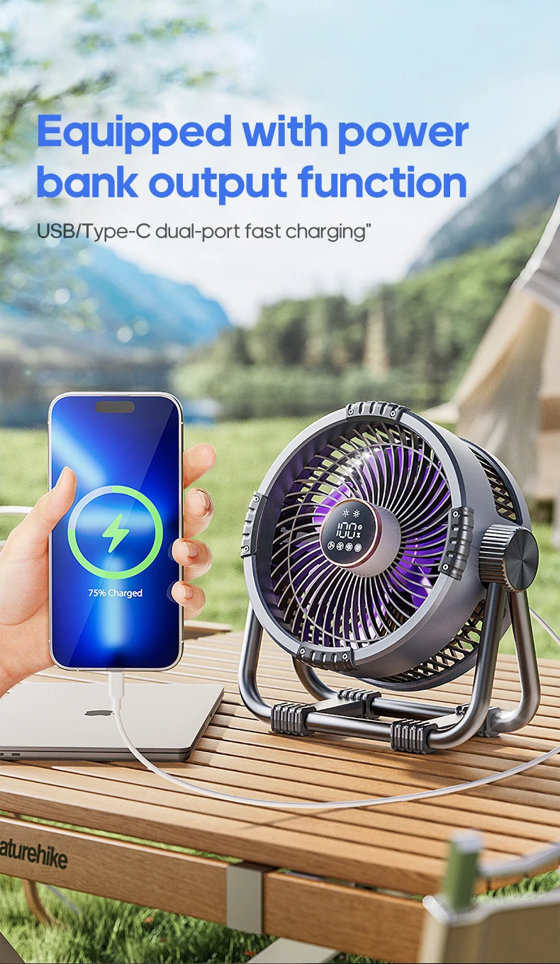 New 6 in 1 Outdoor Camping Fan 20000mAh Rechargeable Portable Wireless Tent Ceiling Fan 4 Speed Adjustment with Hook & LED Light