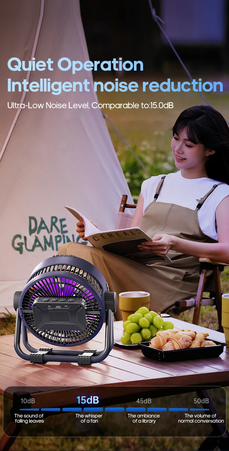New 6 in 1 Outdoor Camping Fan 20000mAh Rechargeable Portable Wireless Tent Ceiling Fan 4 Speed Adjustment with Hook & LED Light