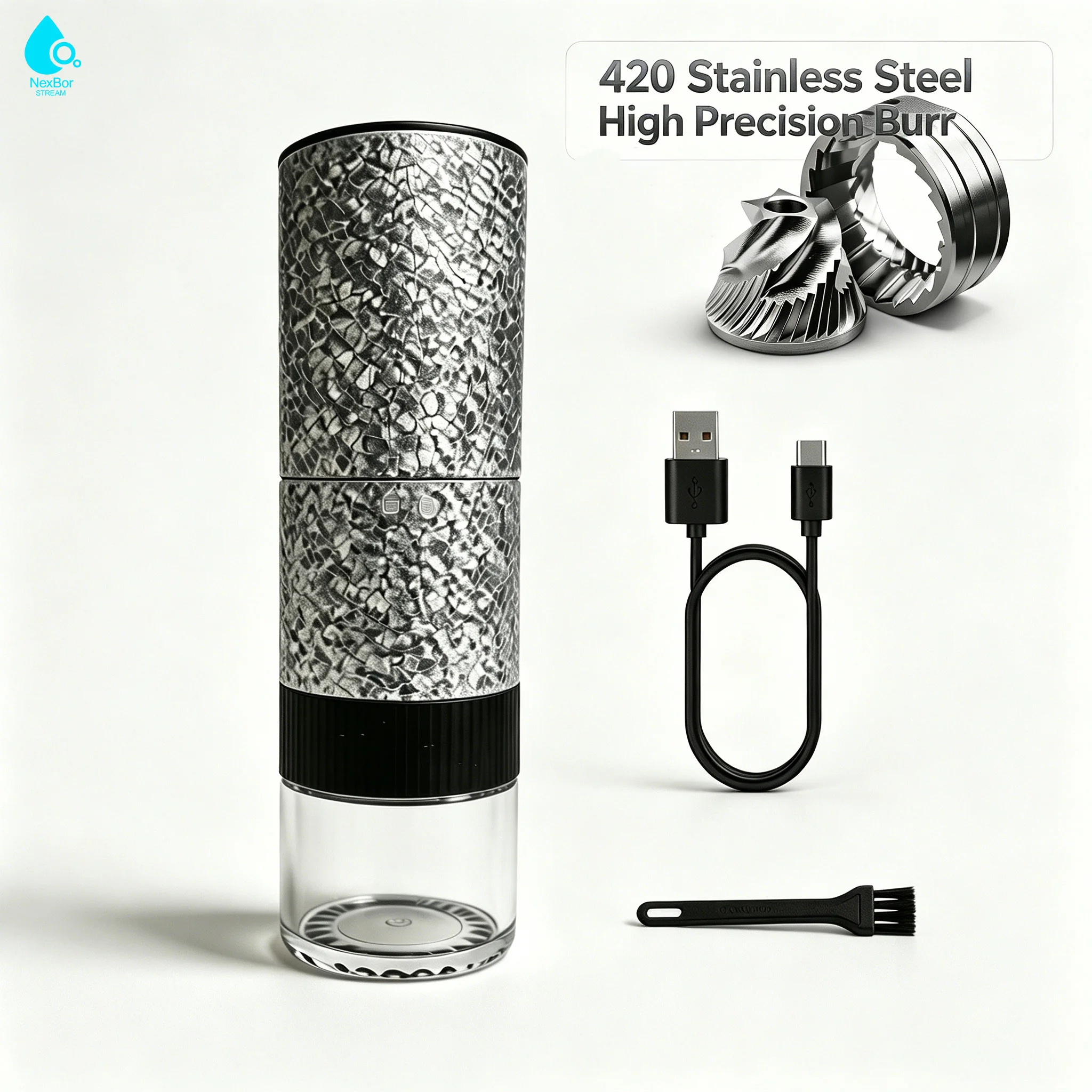 NEXBOR STREAM 2026 New Upgraded Portable Electric Coffee Grinder with 420 Stainless Steel Burrs - 40 Adjustable Grind Settings